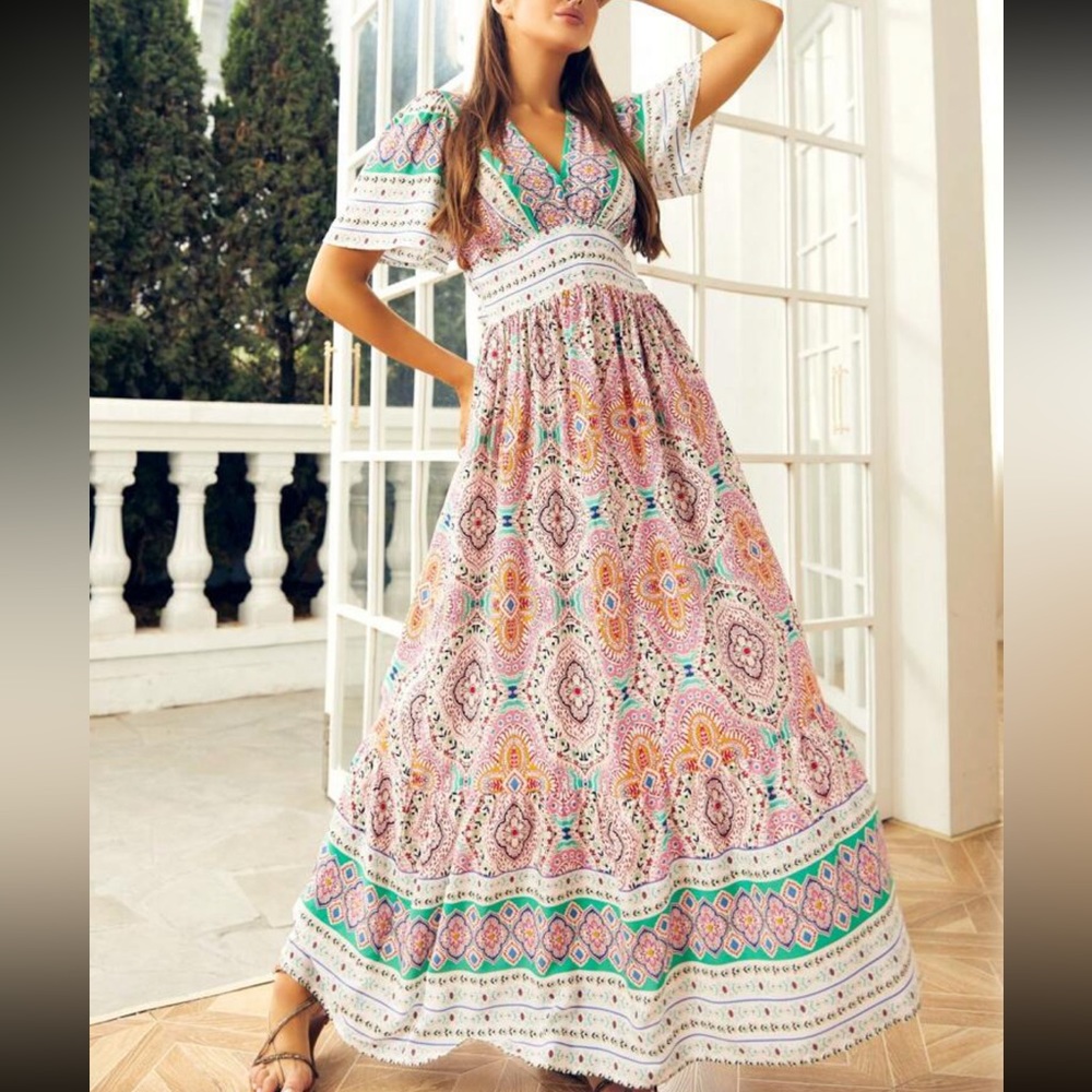 Boho Paisley Floral Print Maxi Dress - Picture 3 of 6